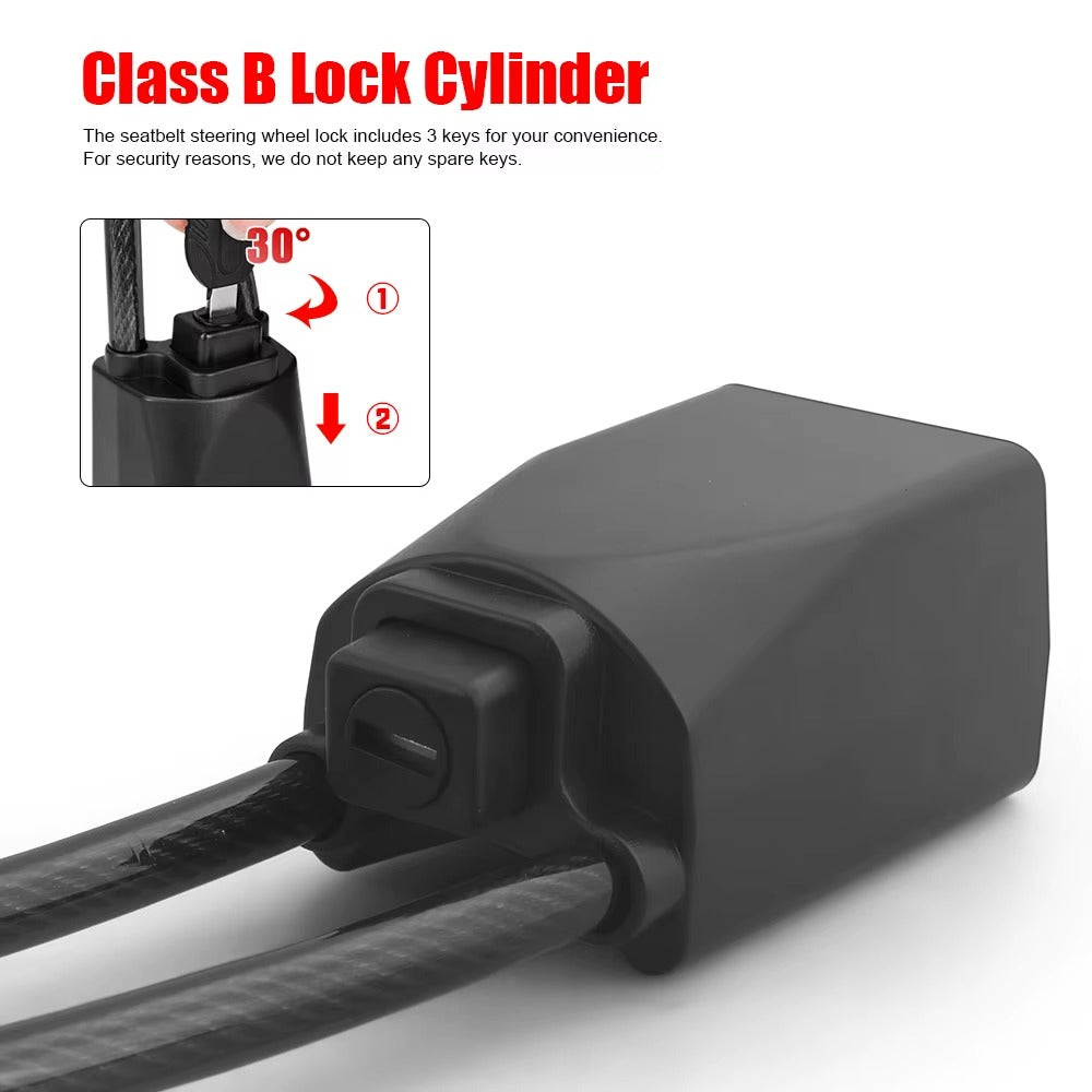 Universal Anti-Theft Steering Wheel to Seatbelt Lock - High-Security Class B Lock Cylinder with 3 Keys Free Delivery