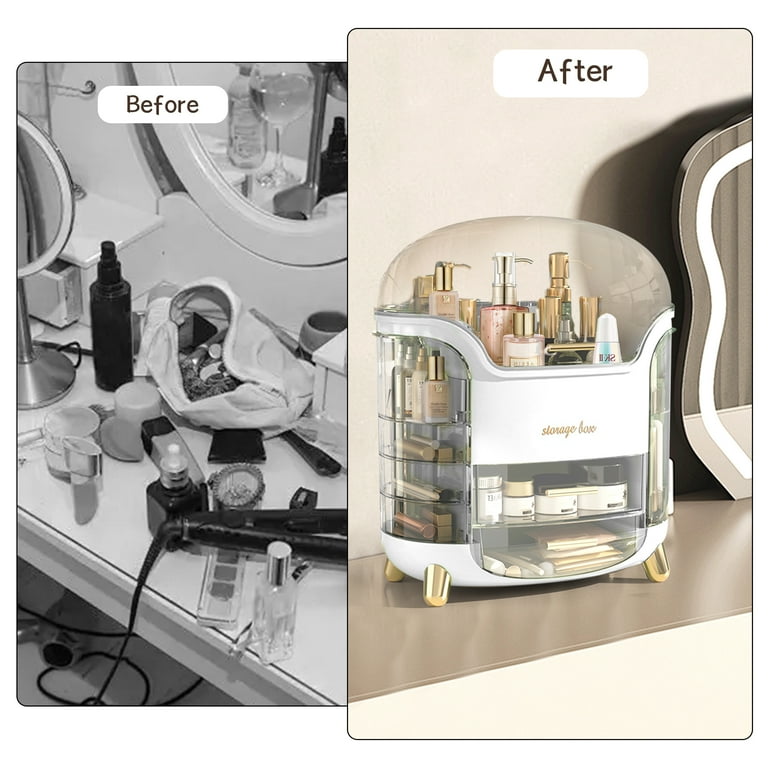 Luxury Large Capacity Makeup Organizer - Dustproof Cosmetic Storage Box with Rotating Clear Lid & Gold Feet