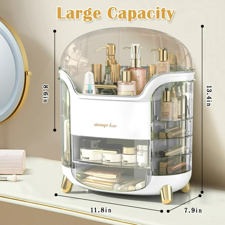 Luxury Large Capacity Makeup Organizer - Dustproof Cosmetic Storage Box with Rotating Clear Lid & Gold Feet